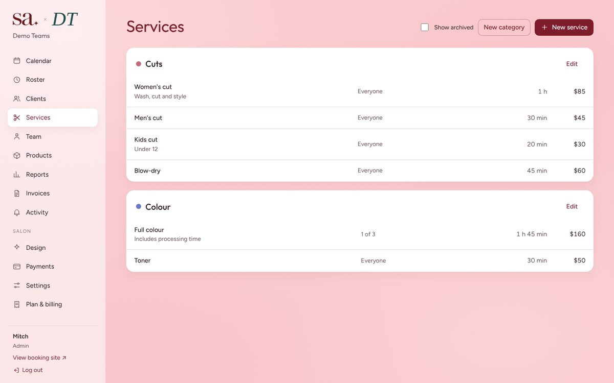 Services screen