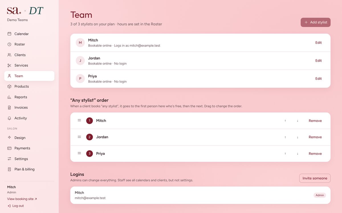 Team screen